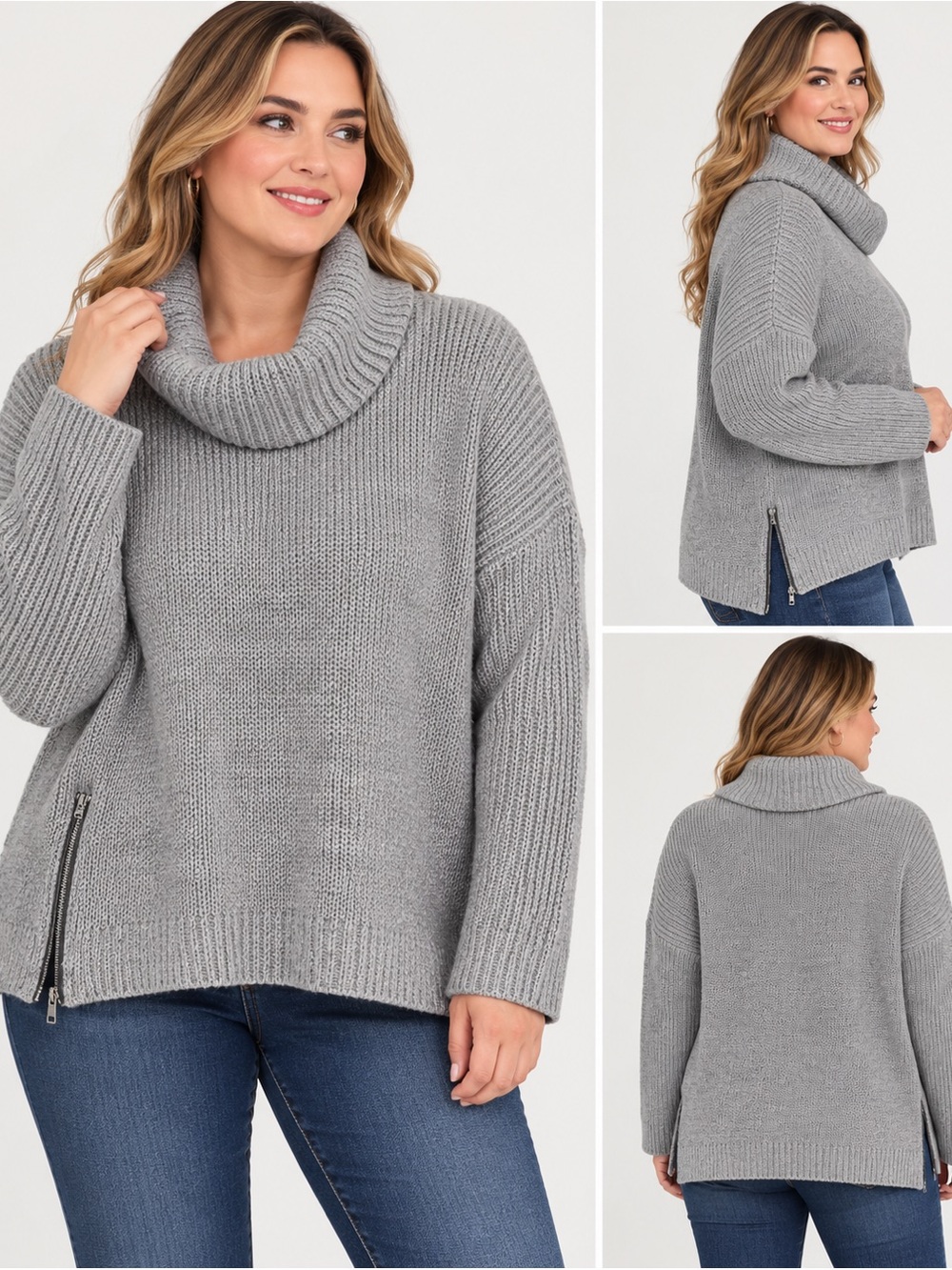 Faded Glory Gray Cowl Neck Side Zip Oversized Sweater Medium